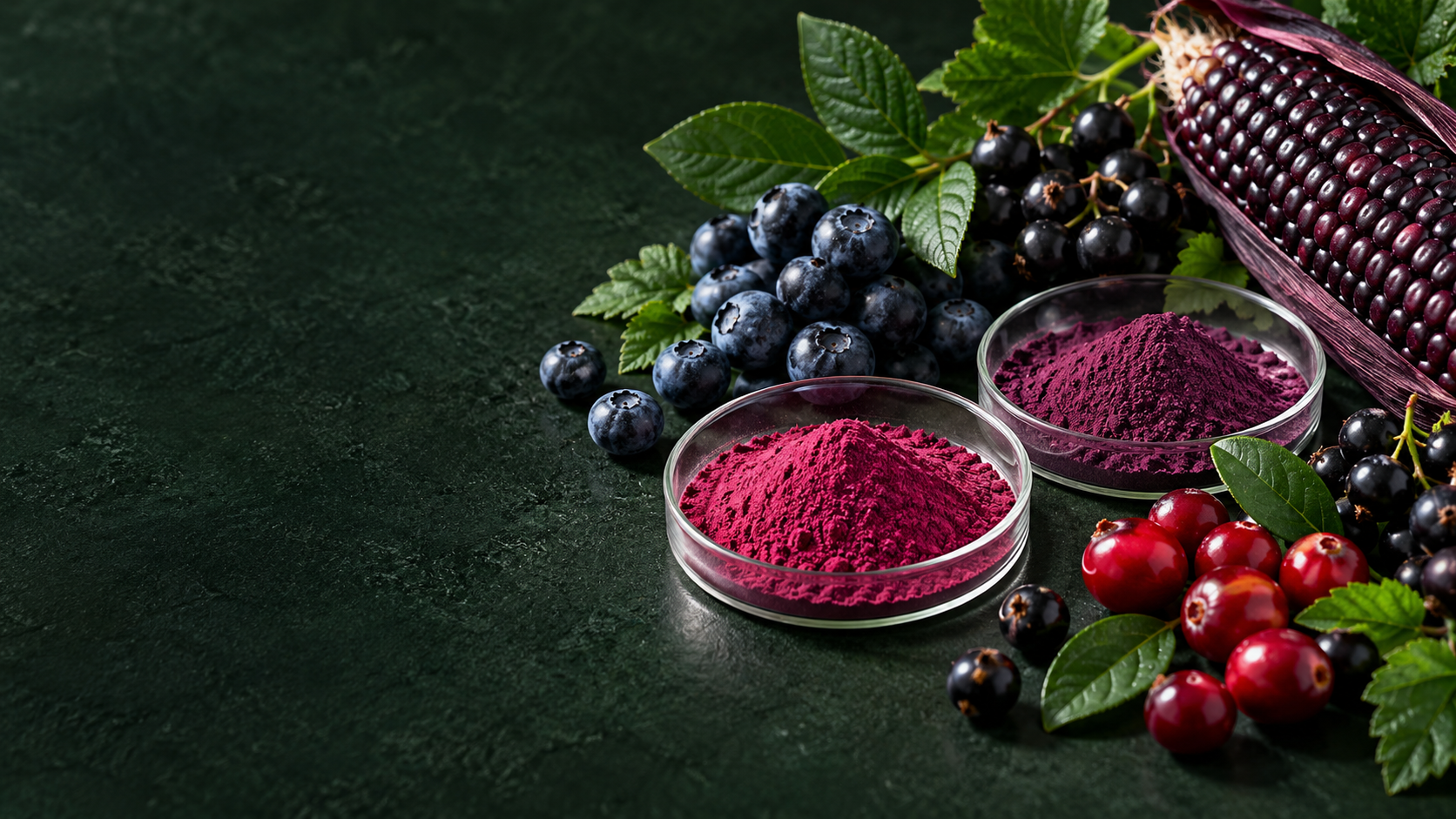 Berries, botanical leaves and richly colored extract powders